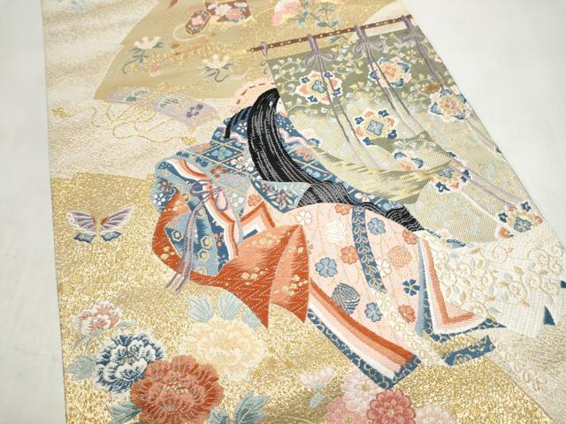 平和屋本店▼六通柄袋帯　九百錦　几帳人物花蝶文　本金箔　正絹　逸品　CABL4925hy
