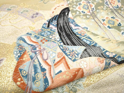 平和屋本店▼六通柄袋帯　九百錦　几帳人物花蝶文　本金箔　正絹　逸品　CABL4925hy