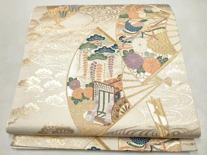 平和屋本店▼六通柄袋帯　唐織　御所車扇面花文　本金箔　三越扱い　正絹　逸品　CABL4940hy