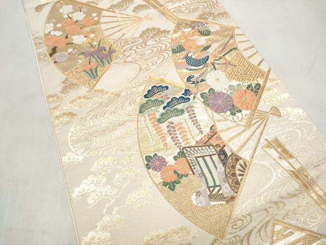 平和屋本店▼六通柄袋帯　唐織　御所車扇面花文　本金箔　三越扱い　正絹　逸品　CABL4940hy