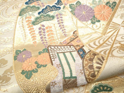 平和屋本店▼六通柄袋帯　唐織　御所車扇面花文　本金箔　三越扱い　正絹　逸品　CABL4940hy