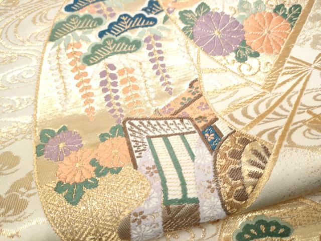 平和屋本店▼六通柄袋帯　唐織　御所車扇面花文　本金箔　三越扱い　正絹　逸品　CABL4940hy