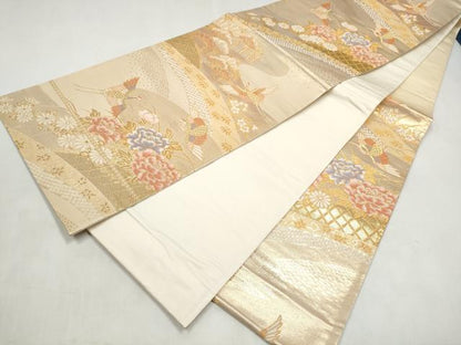 平和屋本店▼六通柄袋帯　籬飛鶴花文　純金箔　正絹　逸品　CABL4941hy