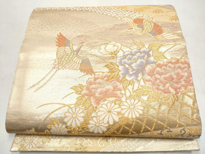 平和屋本店▼六通柄袋帯　籬飛鶴花文　純金箔　正絹　逸品　CABL4941hy