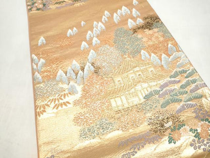 平和屋本店▼六通柄袋帯　唐織　風景草花文　本金二重箔　正絹　逸品　CABL4948hy