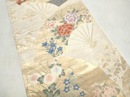平和屋本店▼六通柄袋帯　琳派　扇面花文　純金箔24K　正絹　逸品　CABL4949hy