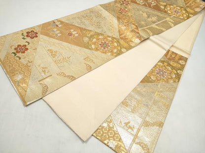 平和屋本店▼六通柄袋帯　風景花文　純金二重箔　正絹　逸品　CABL4950hy