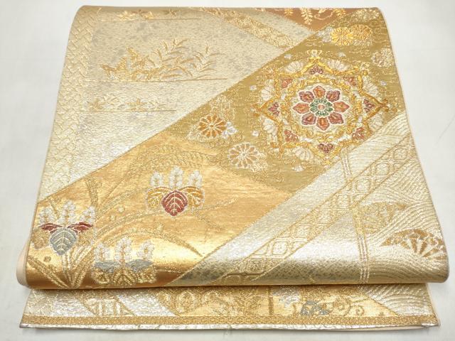 平和屋本店▼六通柄袋帯　風景花文　純金二重箔　正絹　逸品　CABL4950hy