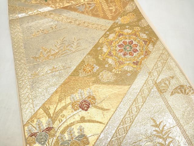 平和屋本店▼六通柄袋帯　風景花文　純金二重箔　正絹　逸品　CABL4950hy