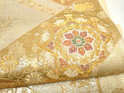 平和屋本店▼六通柄袋帯　風景花文　純金二重箔　正絹　逸品　CABL4950hy