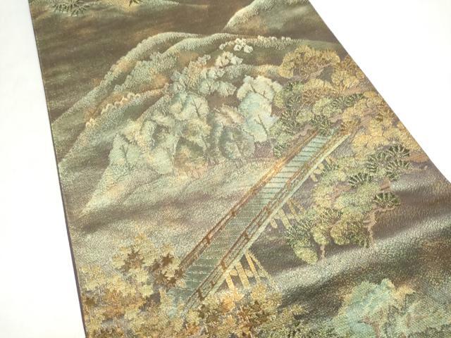 平和屋本店▼六通柄袋帯　渡橋遠山樹林文　純金箔　正絹　逸品　CABL4951hy