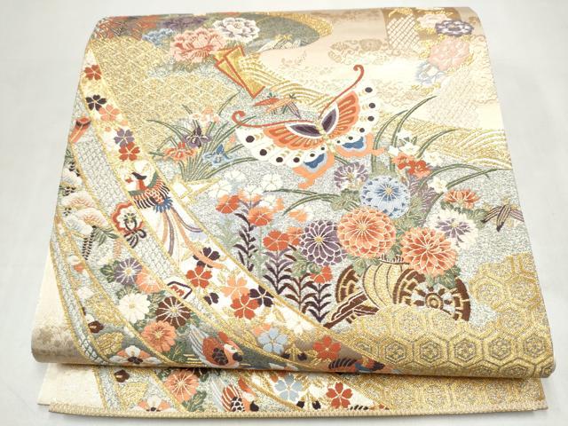 平和屋本店▼六通柄袋帯　唐織　彩華熨斗目文　本金箔九百錦　正絹　逸品　CABL4954hy