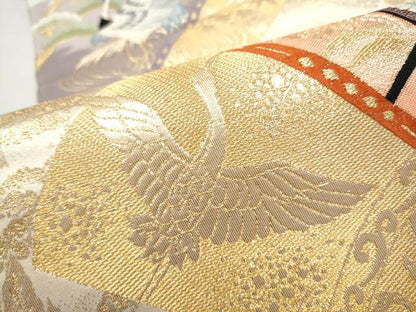 平和屋本店▼六通柄袋帯　唐織　九百錦　御所車飛鶴浜松文　弐拾四金箔二重織　正絹　逸品　CABL4955hy