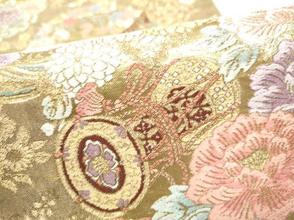 平和屋本店▼六通柄袋帯　唐織　献上花丸文　本金箔　正絹　逸品　CABL4965hy