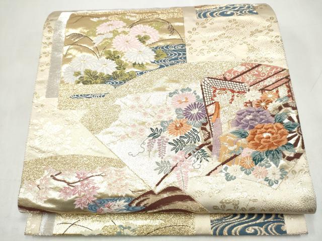 平和屋本店▼六通柄袋帯　唐織　地紙御車花鳥文　本金二重箔　正絹　逸品　CABL4971hy