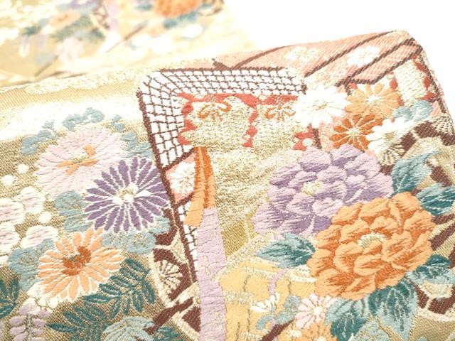 平和屋本店▼六通柄袋帯　唐織　地紙御車花鳥文　本金二重箔　正絹　逸品　CABL4971hy