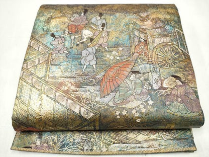平和屋本店▼全通柄袋帯　伊勢物語絵　本金箔プラチナ箔　正絹　逸品　CABL4976hy