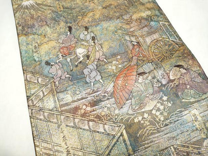 平和屋本店▼全通柄袋帯　伊勢物語絵　本金箔プラチナ箔　正絹　逸品　CABL4976hy