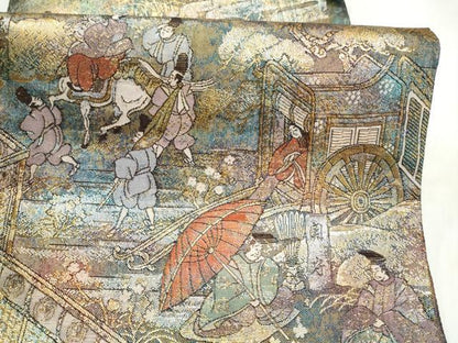 平和屋本店▼全通柄袋帯　伊勢物語絵　本金箔プラチナ箔　正絹　逸品　CABL4976hy