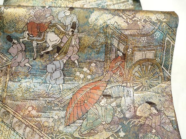 平和屋本店▼全通柄袋帯　伊勢物語絵　本金箔プラチナ箔　正絹　逸品　CABL4976hy