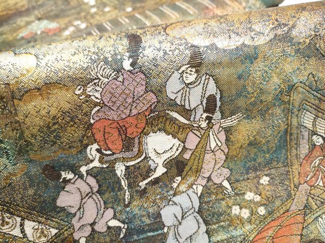 平和屋本店▼全通柄袋帯　伊勢物語絵　本金箔プラチナ箔　正絹　逸品　CABL4976hy