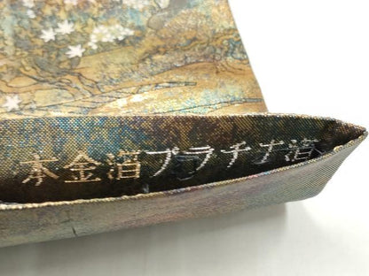 平和屋本店▼全通柄袋帯　伊勢物語絵　本金箔プラチナ箔　正絹　逸品　CABL4976hy