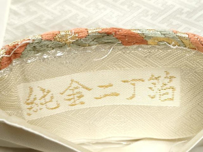 平和屋本店▼六通柄袋帯　扇面草花文　純金二丁箔　正絹　逸品　CABL4979hy