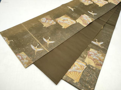 平和屋本店▼六通柄袋帯　扇面飛鶴枝松文　本金箔青銅　二重箔　正絹　逸品　CABL4993hy