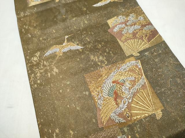 平和屋本店▼六通柄袋帯　扇面飛鶴枝松文　本金箔青銅　二重箔　正絹　逸品　CABL4993hy