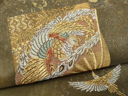 平和屋本店▼六通柄袋帯　扇面飛鶴枝松文　本金箔青銅　二重箔　正絹　逸品　CABL4993hy