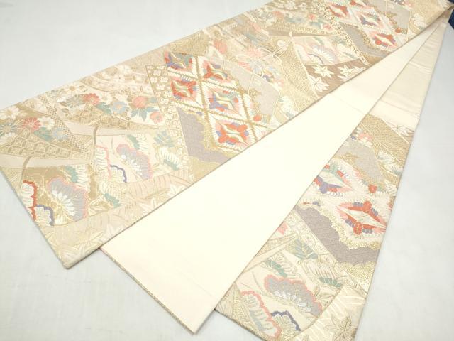平和屋本店▼六通柄袋帯　桧扇飛鶴草花文　本金箔二重織　正絹　逸品　CABL4995hy