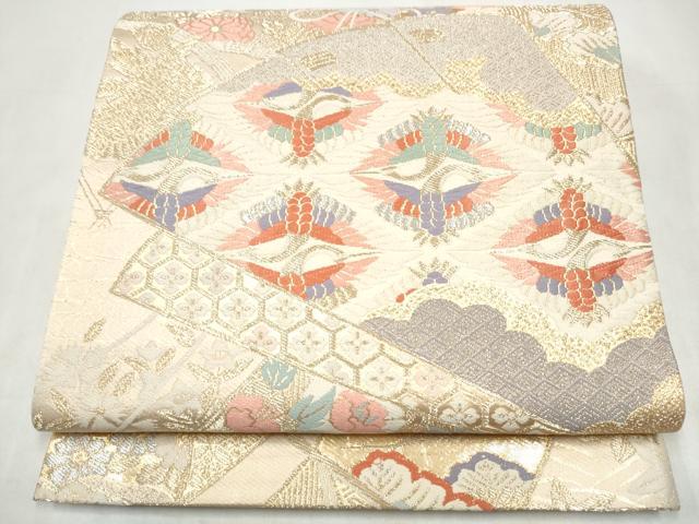 平和屋本店▼六通柄袋帯　桧扇飛鶴草花文　本金箔二重織　正絹　逸品　CABL4995hy