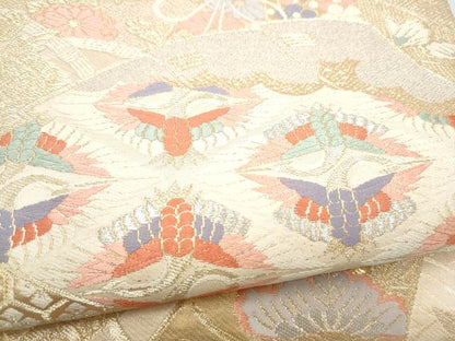 平和屋本店▼六通柄袋帯　桧扇飛鶴草花文　本金箔二重織　正絹　逸品　CABL4995hy