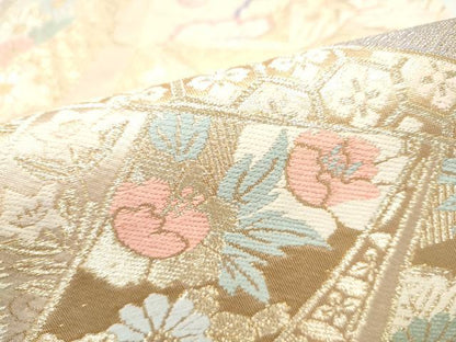 平和屋本店▼六通柄袋帯　桧扇飛鶴草花文　本金箔二重織　正絹　逸品　CABL4995hy