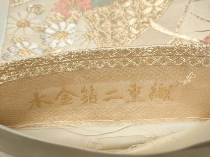 平和屋本店▼六通柄袋帯　桧扇飛鶴草花文　本金箔二重織　正絹　逸品　CABL4995hy