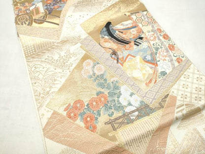 平和屋本店▼六通柄袋帯　琳派王朝色紙文　九百本金箔　正絹　逸品　CABL5004hy