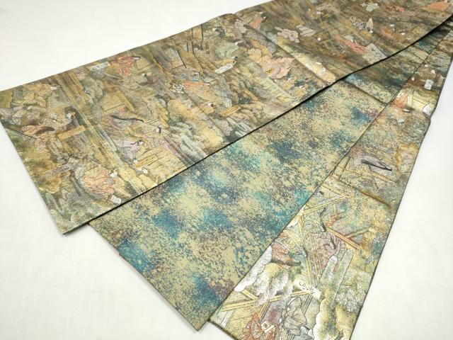 平和屋本店▼西陣あさぎ　全通全景柄袋帯　源氏物語絵巻　24金プラチナ二重箔　正絹　逸品　CABL5005hy
