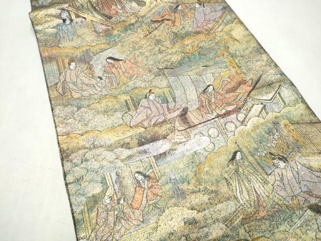 平和屋本店▼西陣あさぎ　全通全景柄袋帯　源氏物語絵巻　24金プラチナ二重箔　正絹　逸品　CABL5005hy