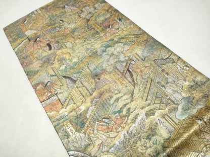 平和屋本店▼西陣あさぎ　全通全景柄袋帯　源氏物語絵巻　24金プラチナ二重箔　正絹　逸品　CABL5005hy