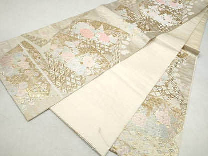 平和屋本店▼六通柄袋帯　唐織　流水草花文　本金箔24K　正絹　逸品　CABL5018hy