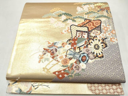 平和屋本店▼六通柄袋帯　唐織　御所車宝尽くし花鳥文　本金箔　正絹　逸品　CABL5023hy
