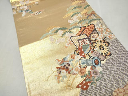 平和屋本店▼六通柄袋帯　唐織　御所車宝尽くし花鳥文　本金箔　正絹　逸品　CABL5023hy