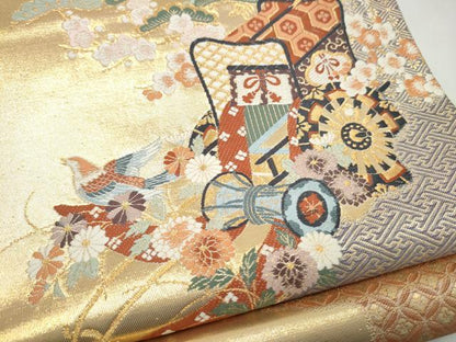 平和屋本店▼六通柄袋帯　唐織　御所車宝尽くし花鳥文　本金箔　正絹　逸品　CABL5023hy