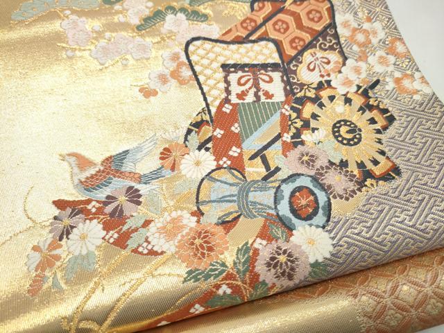 平和屋本店▼六通柄袋帯　唐織　御所車宝尽くし花鳥文　本金箔　正絹　逸品　CABL5023hy