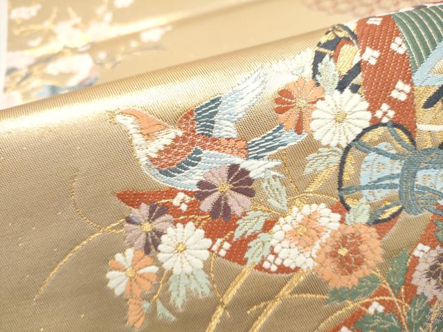 平和屋本店▼六通柄袋帯　唐織　御所車宝尽くし花鳥文　本金箔　正絹　逸品　CABL5023hy