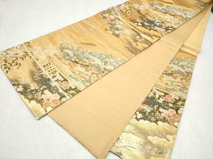 平和屋本店▼六通柄袋帯　風景草花文　本金二重織　正絹　逸品　CABL5025hy