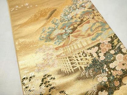 平和屋本店▼六通柄袋帯　風景草花文　本金二重織　正絹　逸品　CABL5025hy
