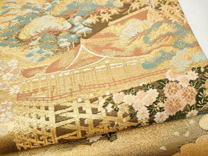 平和屋本店▼六通柄袋帯　風景草花文　本金二重織　正絹　逸品　CABL5025hy