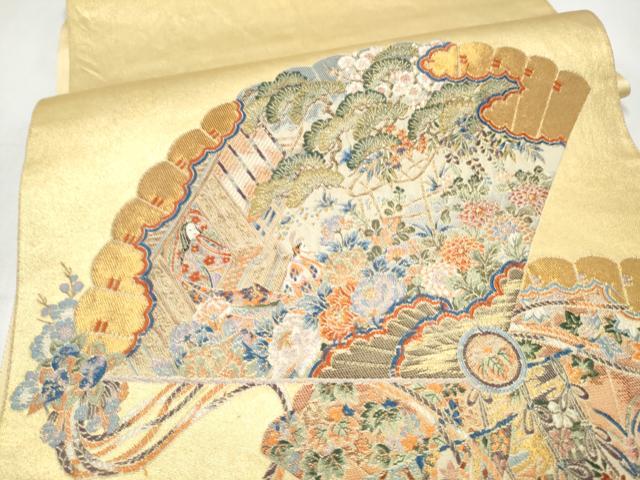 平和屋本店●太鼓柄袋帯　源氏物語シリーズ桧扇王朝文　本金箔　金泥箔　正絹　逸品　CABL5033hy