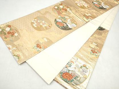 平和屋本店▼六通柄袋帯　唐織　草花鶴文　本金箔　正絹　逸品　CABL5037hy
